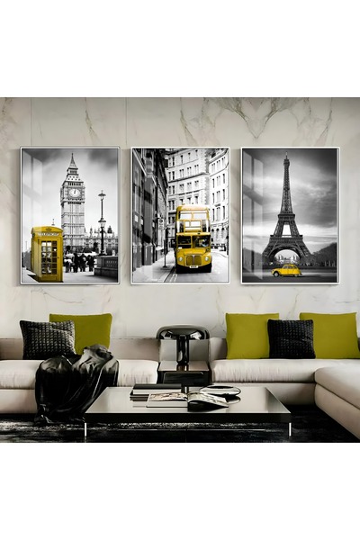 Harikabirev HARİKABİREV |   COMBINAT PARIS-LONDRA GREY-GALBEN | TABLO DE STICLA CU CADRU 3 PIESE VERTICAL