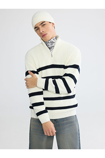 LC Waikiki Pulover tricot pentru bărbați cu guler ridicat dungi cu fermoar ecru