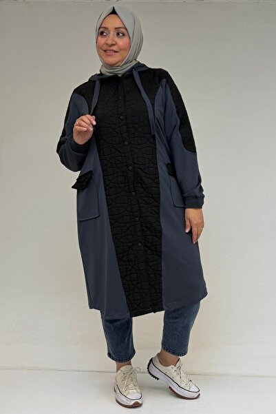 Eslina 53030 Büyük Beden Kapşonlu Cepli Kapitone-Modal Kap - Siyah-Antrasit