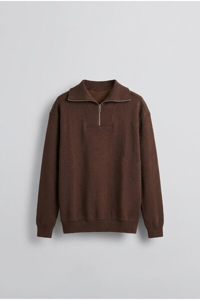 ablukaonline Men's Oversized Mock Neck Half Zipper Sweatshirt Brown
