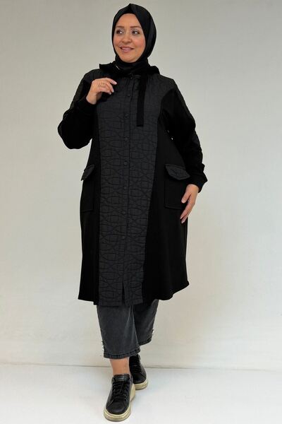 Eslina 53030 Büyük Beden Kapşonlu Cepli Kapitone-Modal Kap - Siyah-Siyah