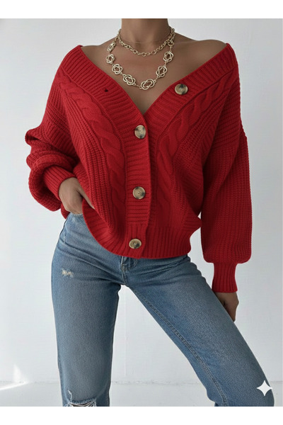 By Kuzey Aras Women's 4-Button Knitted Loose Cardigan