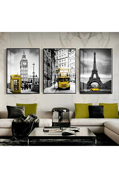 Harikabirev Hari̇kabi̇rev |   Paris-London Gray-Yellow Combination | Framed Glass Table 3-Piece Vertical