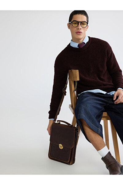 LC Waikiki Burgundy crew neck men's textured knit sweater