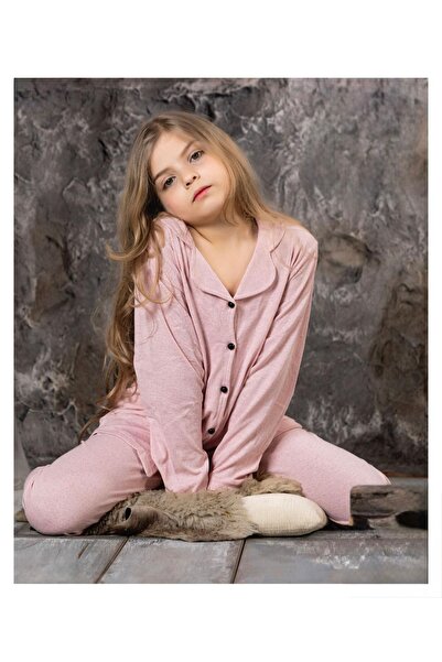 Kız Çocuk Pamuklu Mevsimlik Boydan Düğmeli Pembe Renk Uzun Kollu Pijama Takımı