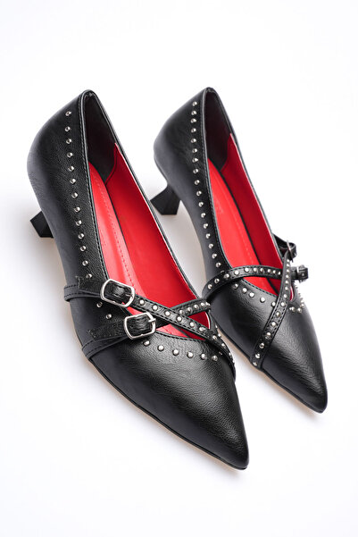 AleWomen Snow Siyah Deri Troklu Alçak Topuk Babet Topuklu Kadın Ayakkabısı