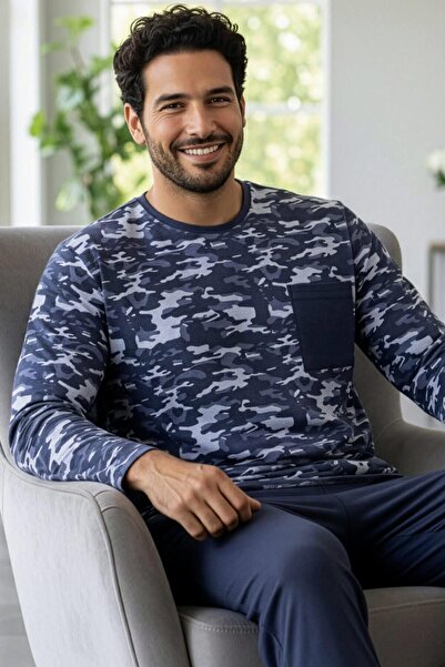 Pijamaevi Füme Kamuflaj Desenli Stylish Erkek Uzun Kol Pijama Takımı