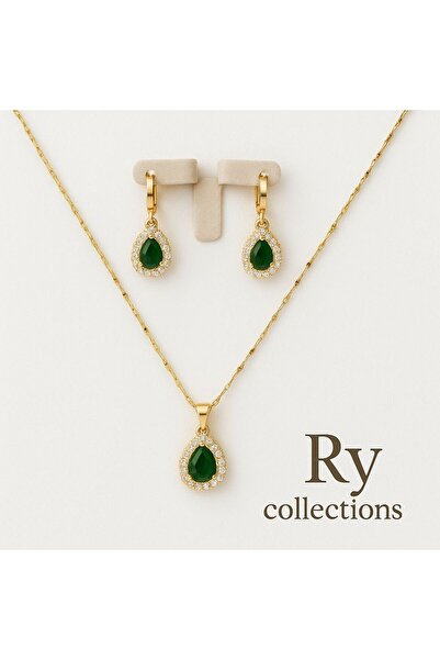 rycollections Hürrem Yeşil Damla Zirkon Taşlı Set Çelik Kolye