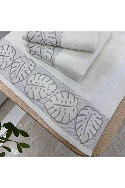 TUTUYA TEXTIL Cream Leaf Model 3-Piece Hand and Face Towel Set with Dressing ...