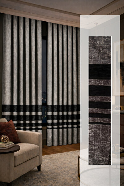 Perlife Gold ® Chenille Textured Striped Panophone Background Curtain – 2 Panels – 140 cm Width – Pleatless Living Room Curtain