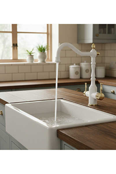 EMFA AKSESUAR Arıtmalı Mutfak Bataryası Beyaz-Gold Evye Musluğu Vintage Rusti...