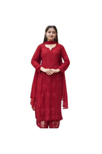 MYSMAR Red Faux Georgette Salwar Kameez & Dupatta Set - FFT5839 | Red