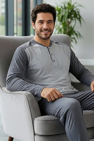 Pijamaevi Gri Stylish Erkek Uzun Kol Pijama Takımı