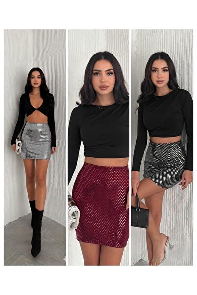 Gülümse boutique Yüksek Bel Işıltılı Payetli Mini Etek