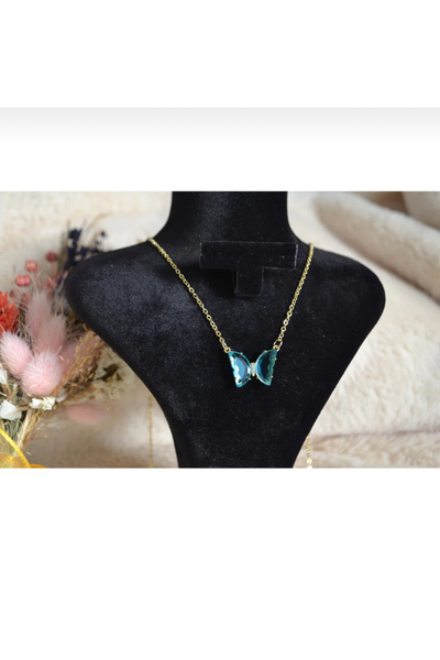 LAYDA قلادة على شكل فراشة زرقاء ثلجية من الفولاذ الذهبي