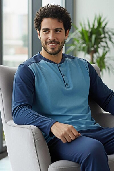 Pijamaevi طقم بيجامة رجالي أنيق بأكمام طويلة من إنديجو