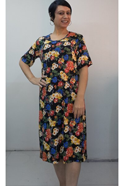 Mertcan Butik Black Yellow Red Blue Floral Print Short Sleeve Combed Viscose Dress