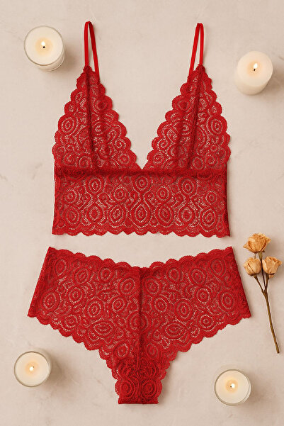 İntive Lingerie Set de pantaloni scurți din dantelă roșie pentru femei – Lenj...