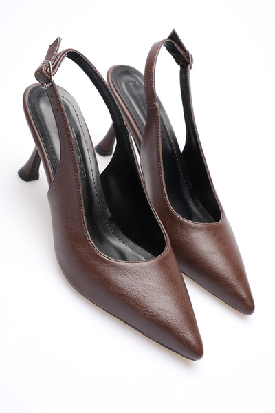 AleWomen Lidya Brown Leather Back Open Mid Heel Pointed Toe Sitiletto Women's Heeled Shoes