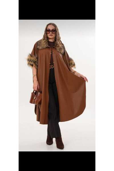 BY AKKAYA Long Poncho with Collar and Sleeve Details, Leather, Wearable in Sizes 38-48