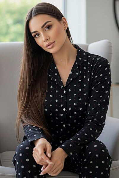 Pijamaevi Anthracite Snowflake Patterned Front Buttoned Long Sleeve Bamboo Knitted Women's Pajama Set