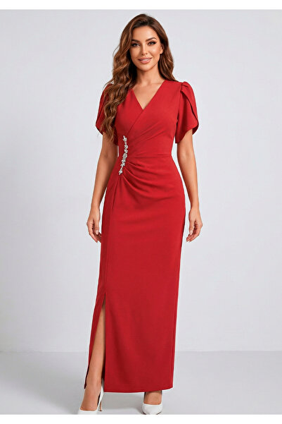 Little Visqon Kruvaze Yaka Taş Detaylı Yırtmaçlı Davet ve Gece Elbisesi