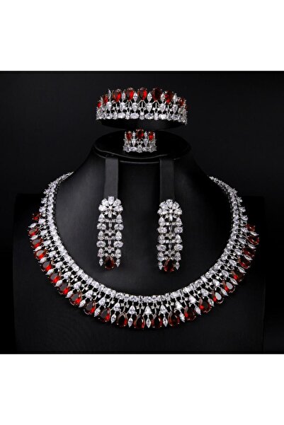 Generic طقم مجوهرات زيركون فاخر بإصدار خاص دقة الماس 5 قطع بضمان على اللونASD-1 -احمر