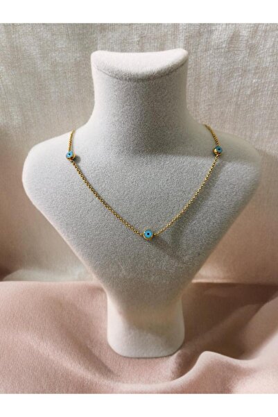 Melanj Craft Triple Evil Eye Beaded Steel Necklace - Gold