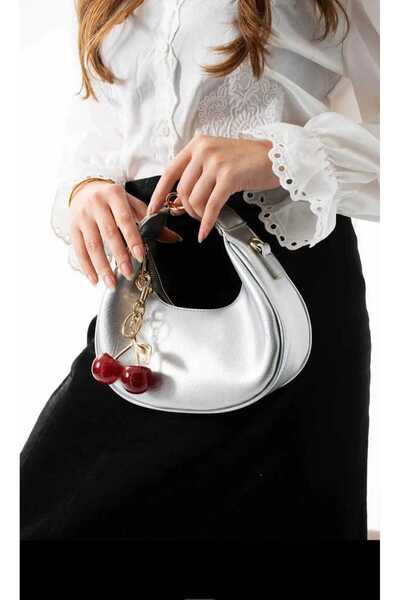 ÖZÜM TAKI Geantă de mână și de umăr pentru femei, argintie, cu cadou Cherry Charm