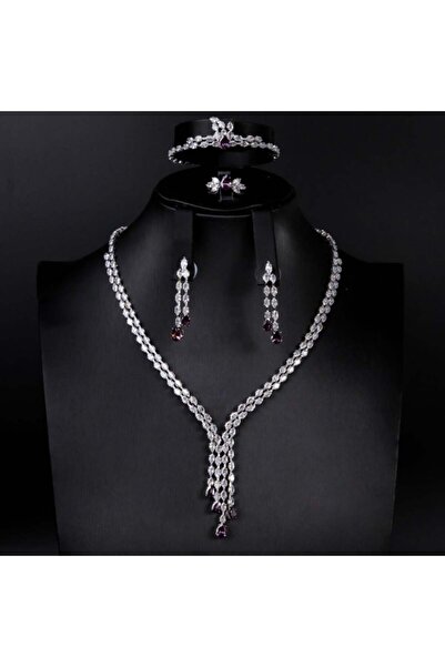 Generic طقم مجوهرات زيركون فاخر بإصدار خاص دقة الماس 5 قطع بضمان على اللون pu...