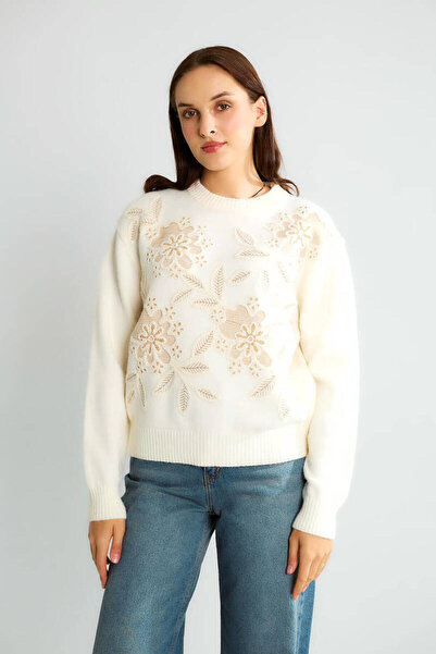 Robin Floral Nakışlı Yuvarlak Yaka Triko