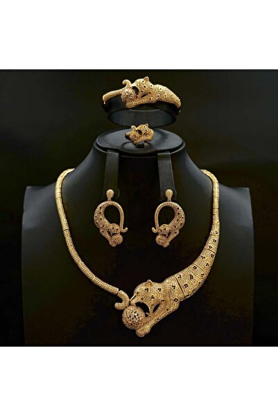 Generic طقم اكسسوارات نسائي بتصميم الفهد الملكي لون ذهبي أنيق إصدار خاص 5 قطع...
