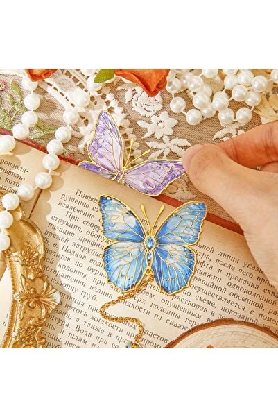 PiyaCraft Vintage Kelebekli Püsküllü Kitap Ayracı - Mavi