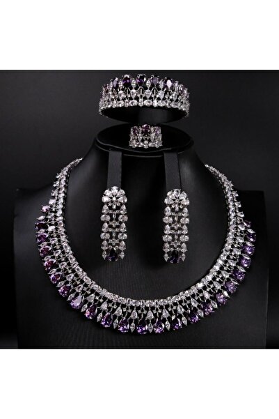 Generic طقم مجوهرات زيركون فاخر بإصدار خاص دقة الماس 5 قطع بضمان على اللون PU...