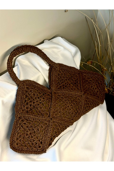 Store Hasır Motifli Örme Koyu Kahverengi Çanta