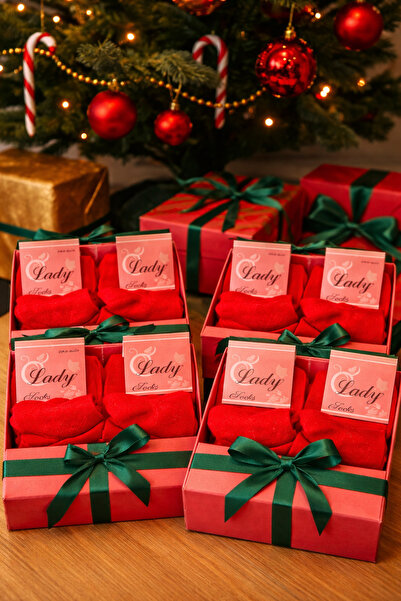 Perili Yılbaşı Çorabı 4'lü Kırmızı-Hediye Kutulu