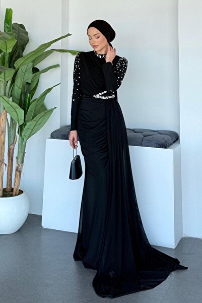 Şulemoda Giyim Ava Evening Dress with Stones on the Sleeves Black