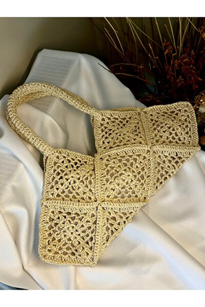 Store Hasır Motifli Krem Örme Çanta