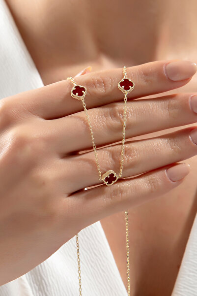 SARIASLAN Akik Bordo Taşlı Yonca Gümüş Kolye 14 Ayar Altın Rengi