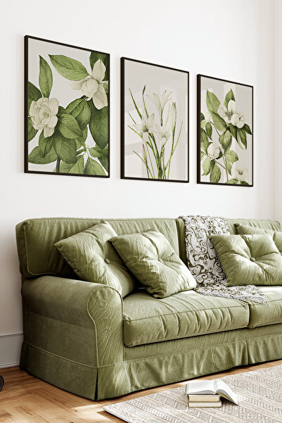kutuTR Siyah Çerçeveli 2D UV Baskı 3’lü MDF Tablo Set – Yeşil Yapraklı Beyaz ...