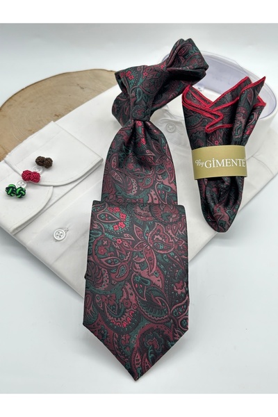 Gutiero ربطة عنق كلاسيكية مع منديل منقوش باللون البني العنابي