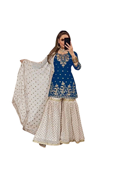 MYSMAR Blue Faux Georgette Top Palazzo & Dupatta Set - HRT5747 | Blue