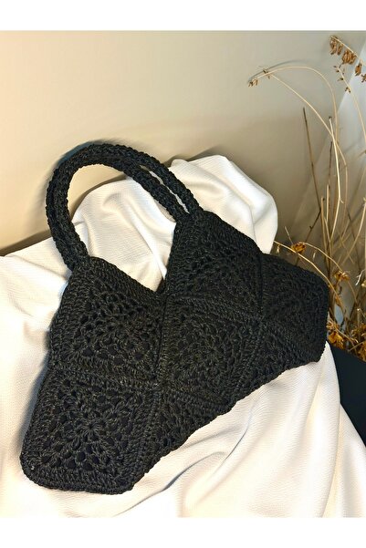 Store Hasır Motifli Örme Siyah Çanta