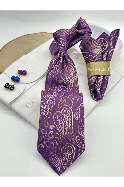 Gutiero Classic Tie with Purple Paisley Patterned Handkerchief
