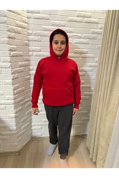 serkertaş Red Oversized Hoodie Unisex Inside Fleece-Lined Swearshirt