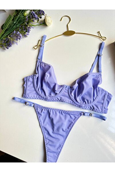 Butik Lila Kalp Detaylı Balenli İç Giyim Takımı - Desteksiz Şık Bralet ve Str...