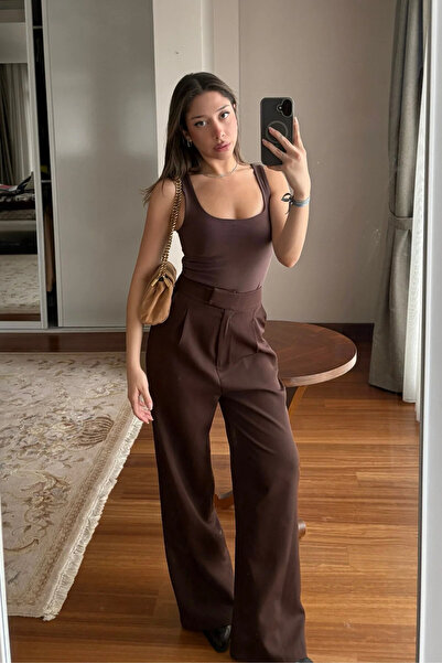 Trn JNS Morena Kadın Acı Kahve Yüksek Bel Cepli Cırtlı Beli Ispanyol Bol Paça...