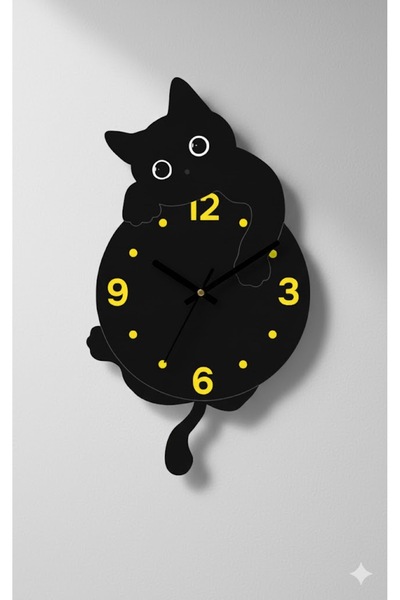 YekPare Kişiye Özel İsimli Saatteki Kedi Duvar Saati 18cm x 32cm