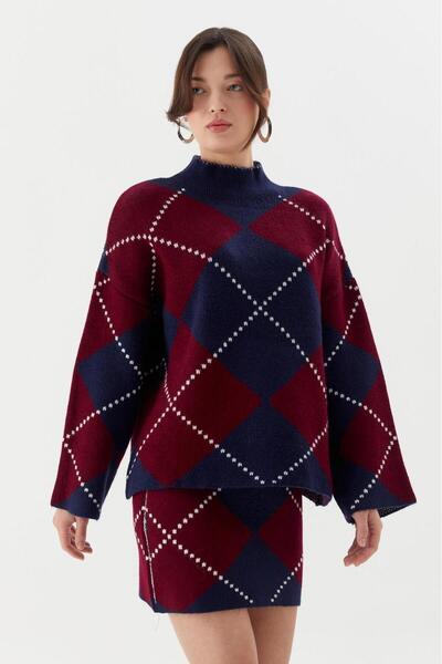 EGELİMODA Baklava Patterned Double Skirt Mini Knitwear Set