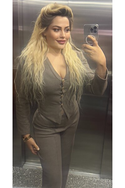 Maison MeDa Mink Buttoned Knitwear Set – V-Neck Cardigan & High-Waisted Pants